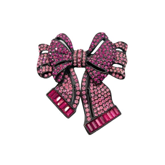 Vintage Signed Vendome Pink Rhinestones Ribbon Bow Brooch Japanned Metal - Picture 1 of 6
